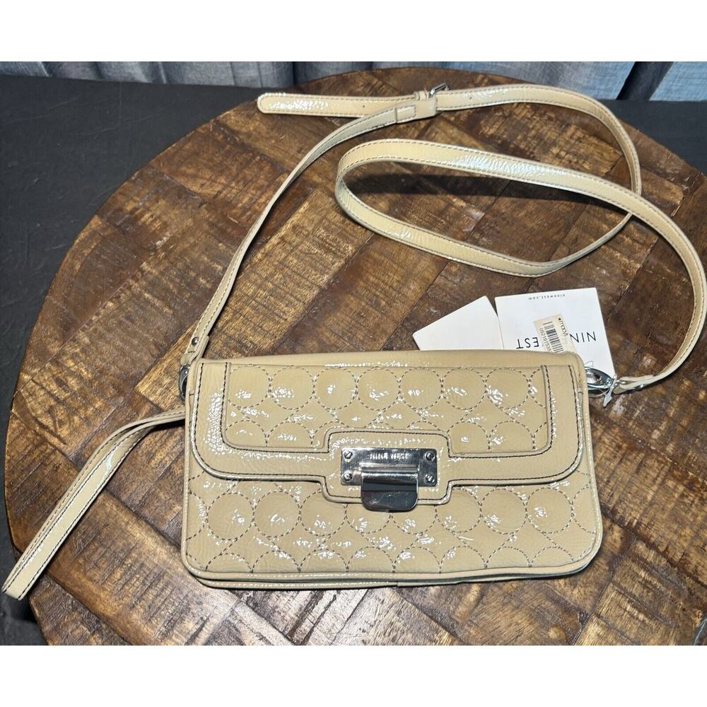 Nine West NWT light tan Patent Leather Quilted Flap Crossbody Phone Bag NEW